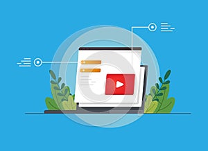 Vector flat illustration about coding media play using laptop