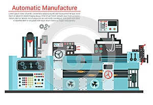 Vector flat illustration of complex engineering machine with pump, pipe, cable, cog wheel, transformation, rotating