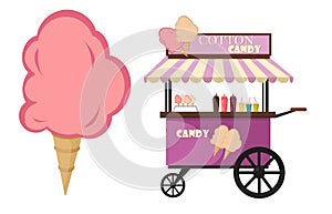 Vector flat illustration of Cotton Candy cart sweet sugar food transport.