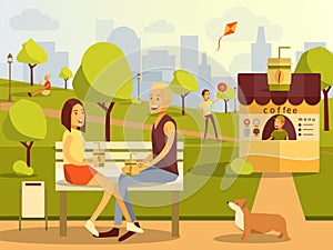 Vector flat illustration of couple taking rest in city park