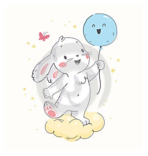 Vector flat illustration of cute little white baby bunny character with air balloon standing isolated.