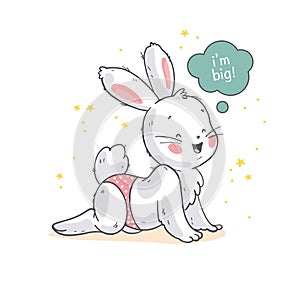 Vector flat illustration of cute little white baby bunny character crawling and smiling isolated.