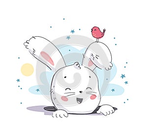 Vector flat illustration of cute little white baby bunny character head smiling from hole and bird.