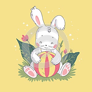 Vector flat illustration of cute little white baby bunny character with playing ball sitting on grass.
