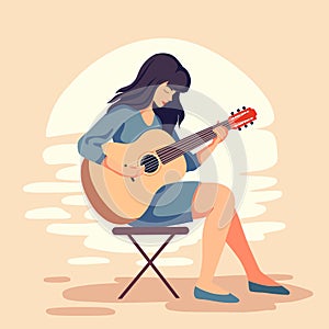 Vector flat illustration of a cute woman playing the guitar at sunset in warm colors. Hobbies and pleasant pastime.