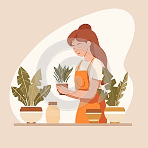 Vector flat illustration of a cute young woman gardener in an apron with tropical plants in pots. Hobbies floristry and botany