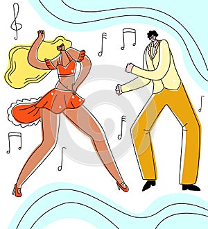 Vector flat illustration dancing couple on abstract background in form of notes and music