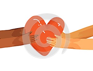 Vector flat illustration of diverse people sharing love, support, appreciation to each other. Hands giving heart, and