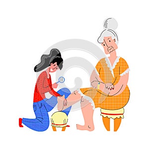 Vector flat illustration elderly woman whose foot is being examined by young woman to detect diabetic foot.