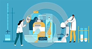 Vector flat illustration with enlarged hygiene products and laboratory technicians who examine their composition.