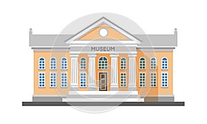 Vector flat illustration exterior of museum building with title and columns isolated on white background.