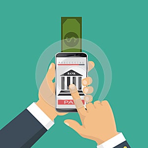 Vector flat illustration. Flat cartoon style. Send money via smartphone. Concept for mobile banking and online payment.