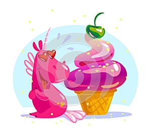 Vector flat illustration with funny cute little unicorn character and big tasty ice cream cone