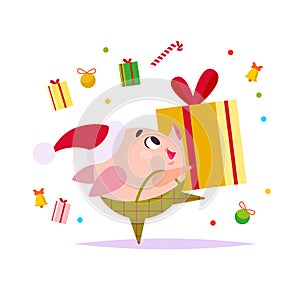 Vector flat illustration of funny little pig elf in santa hat carrying gift box isolated on white background.