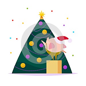 Vector flat illustration of funny little pig elf in santa hat decorating New year fir tree isolated on white background.