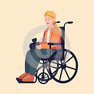 Vector flat illustration of a girl in a wheelchair with a camera in hands. Clipart woman photographer. Hobby as treatment