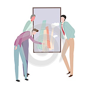 Vector flat illustration. a group of people visit the gallery of modern art. art gallery museum. people at an exhibition of