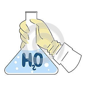 Vector flat illustration with hand holding flask of water to analyze its composition.