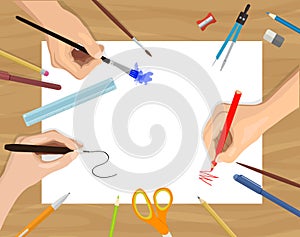 Vector flat illustration of hands painting, drawing and crafting