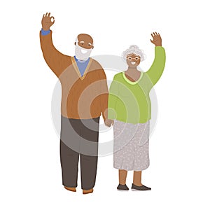 Vector flat illustration of happy cheerful senior couple of african american man and woman, holding hands, waving hands