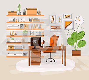 Vector flat illustration of home office work place interrior - working desk with monitor, computer, shelfs with books