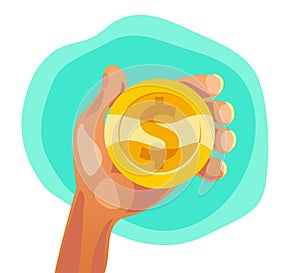 Vector flat illustration of human hand holding golden coin with dollar sign