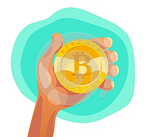 Vector flat illustration of human hand holding golgen coin with bitcoin emblem isolated on white background.