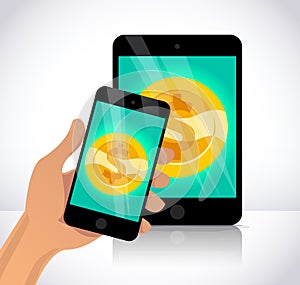 Vector flat illustration with human hand holding smartphone, tablet and golden coin on its screen on white background.