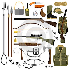 Vector flat illustration of hunting gear and weapons photo