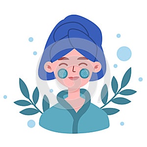 Vector flat illustration isolated on white. Cute smiling woman with mask on the face. Clean and detox skincare.