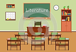 Vector flat illustration of literature classroom at the school, university, institute, college. Lesson for diploma
