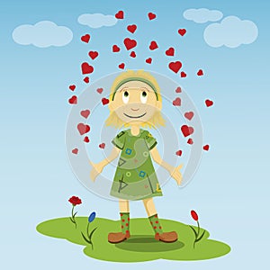 little girl standing on a green lawn in a dress of flowers spreading his hands to the sides of which rise up the heart