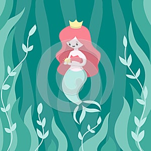 Vector flat illustration with little mermaid