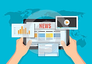 Vector flat illustration of man holding tablet and reading world news online