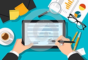 Vector flat illustration of man signing online form on his tablet with documents and working equipment on his table