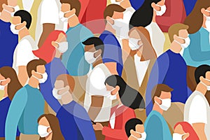 Vector flat illustration of many people in crowd wearing face masks - virus outbreak, pandemic, safety measures