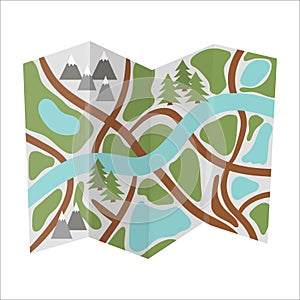 Vector flat illustration of map. Flat colored forest or woods guide icon. Travel object isolated on white background. Vacation