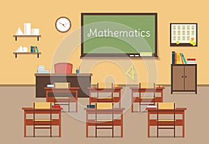 Vector flat illustration of mathematic classroom at the school, university, institute, college. Desks with books rulers