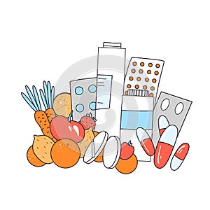 Vector flat illustration medical drugs, pill, capsules and healthy food, vegetables and Fruits with vital elements for