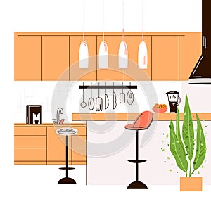 Vector flat illustration of Modern Kitchen Interior Empty No People House Room with kitchen furniture, table, chairs and