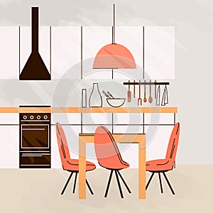 Vector flat illustration of Modern Kitchen Interior Empty No People House Room with kitchen furniture, table, chairs and