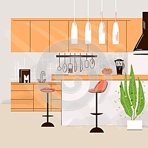 Vector flat illustration of Modern Kitchen Interior Empty No People House Room with kitchen furniture, table, chairs and