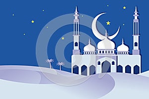 Vector illustration of a mosque in the desert during beautiful Ramadan at night
