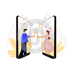 Vector flat illustration of online dating industry. Happy man and woman, clink glasses of wine or champagne, having