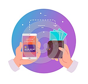 Vector flat illustration for online payments and transaction with human hand holding smartphone with credit card on its screen and