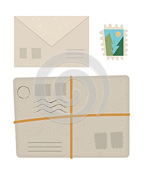 Vector flat illustration of a parcel, letter and stamp. Post objects icon isolated on white background. Stationery or vacation