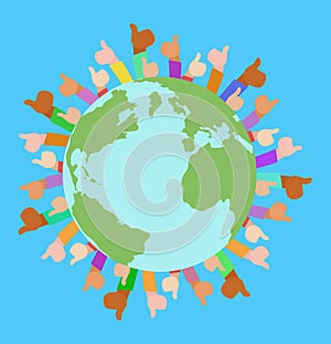 Vector flat illustration of planet Earth, human hands