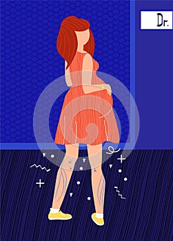 Vector flat illustration pregnant woman near doctor s office. She has varicose veins in her lower extremities.