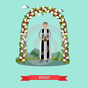 Vector flat illustration of priest under wedding arch