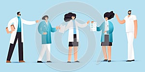 Vector flat illustration of professional medic team with pointing gestures. Cartoon doctor characters set - man, woman